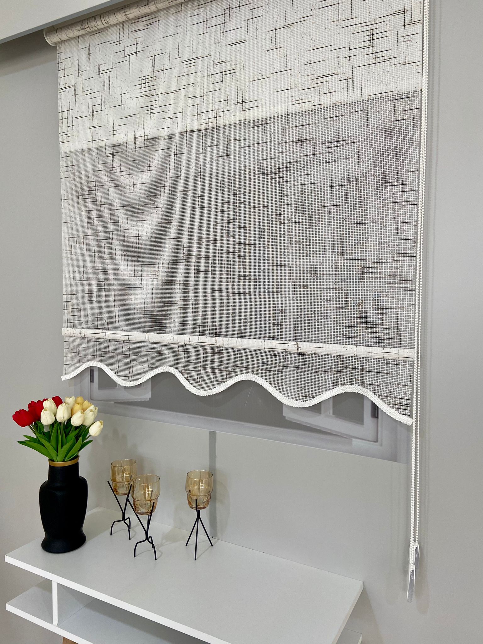 VP1325 Çift Mekanizmalı Renkli Degrade Tül Ve Stor Perde Beyaz Koyu Kahverengi