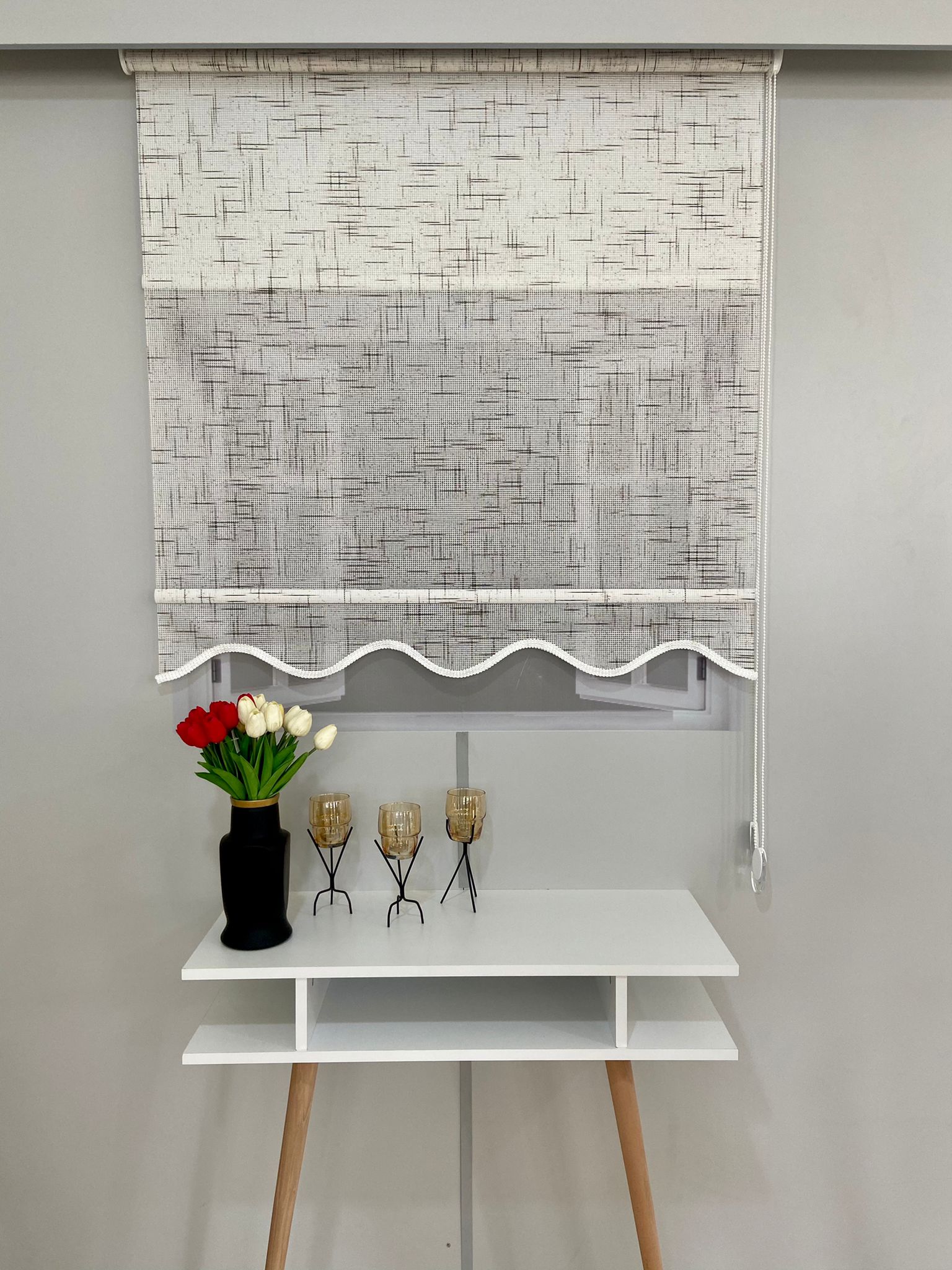 VP1325 Çift Mekanizmalı Renkli Degrade Tül Ve Stor Perde Beyaz Koyu Kahverengi