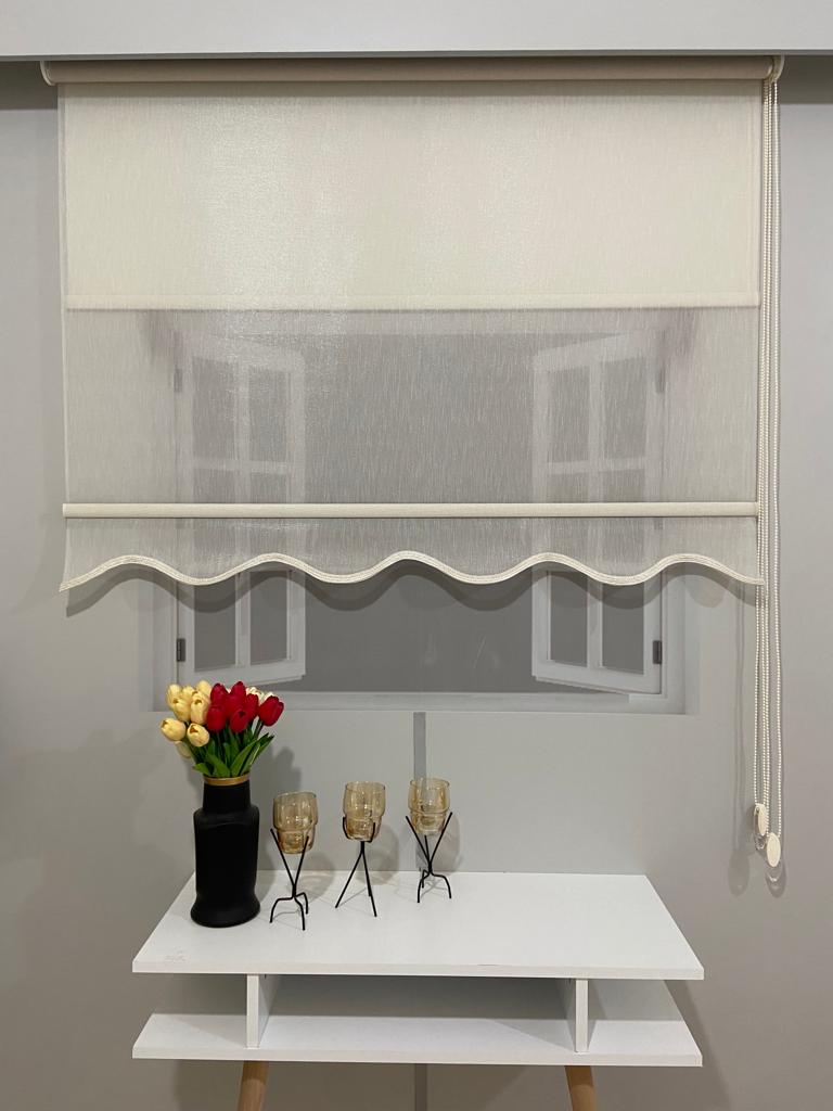 Vp1651 Pırıltı Desenli Çift Mekanizmalı Tül Ve Stor Perde Krem Etek Dilimli