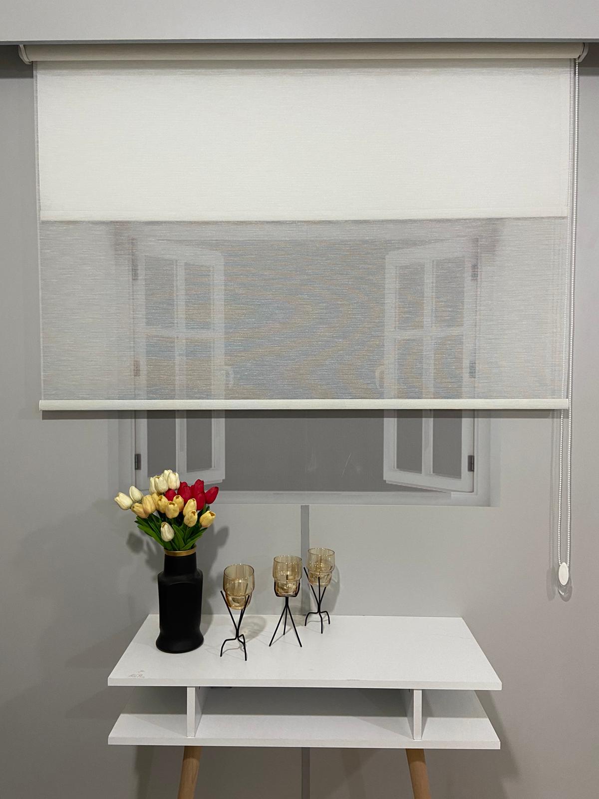 VP1071 Çift Mekanizmalı  karlı zemin Tül Ve Stor Perde Beyaz