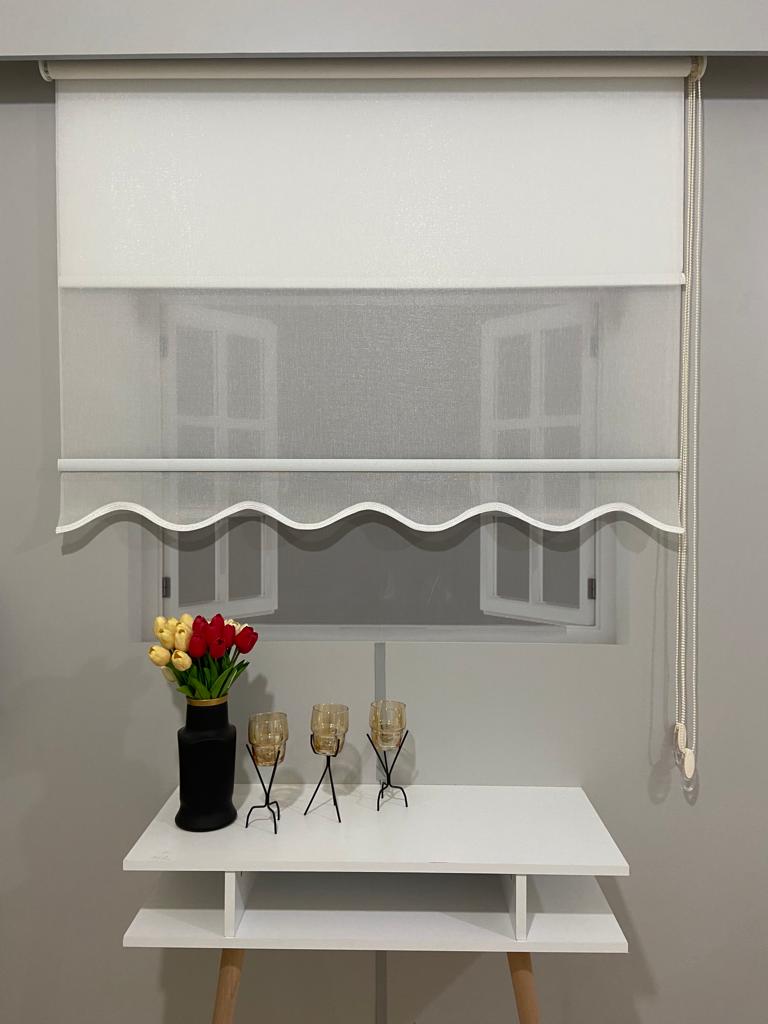 Vp1650 Pırıltı Desenli Çift Mekanizmalı Tül Ve Stor Perde Beyaz Etek Dilimli