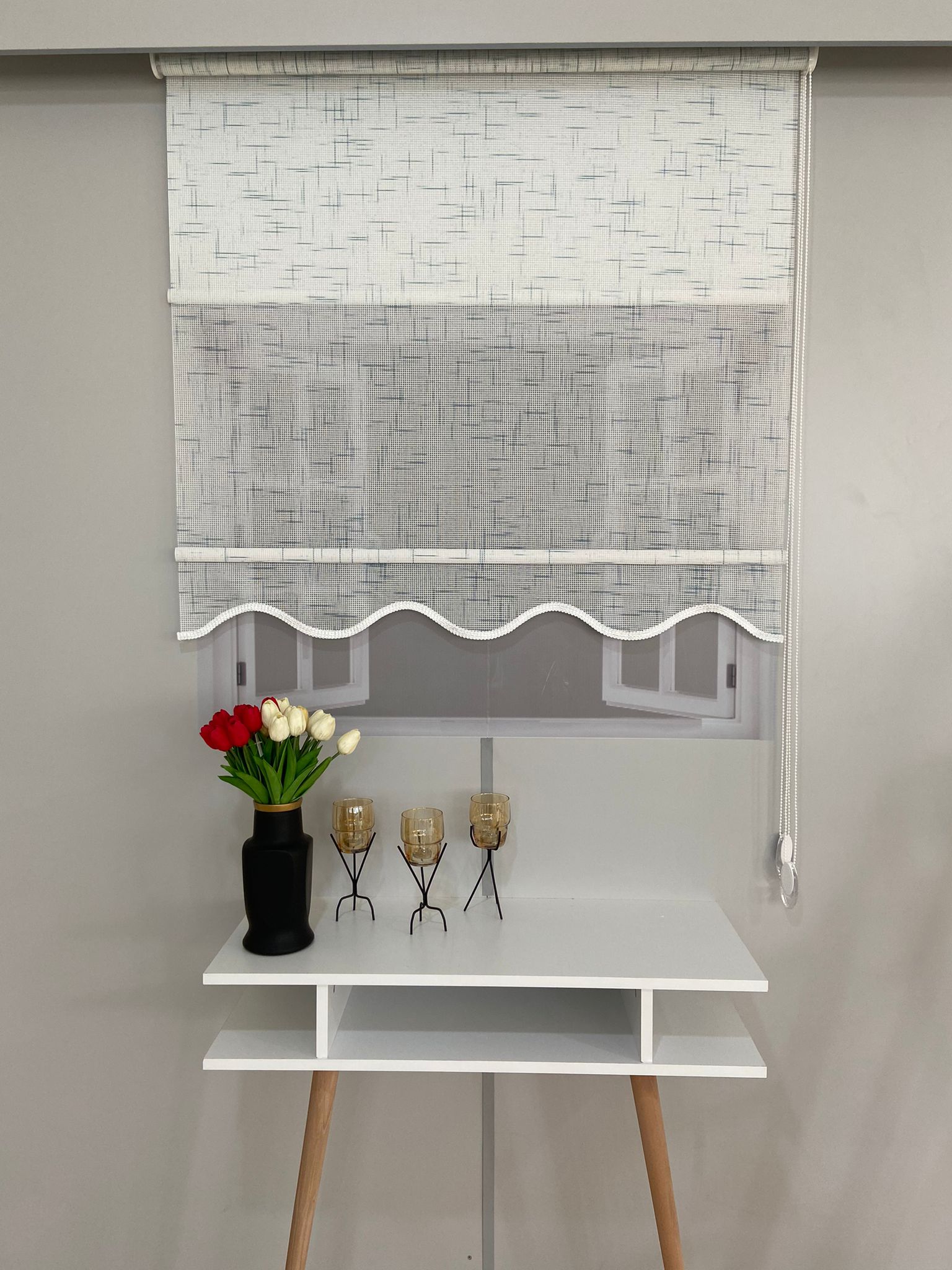 VP1300 Çift Mekanizmalı Renkli Degrade Tül Ve Stor Perde Beyaz Turkuaz Mavi