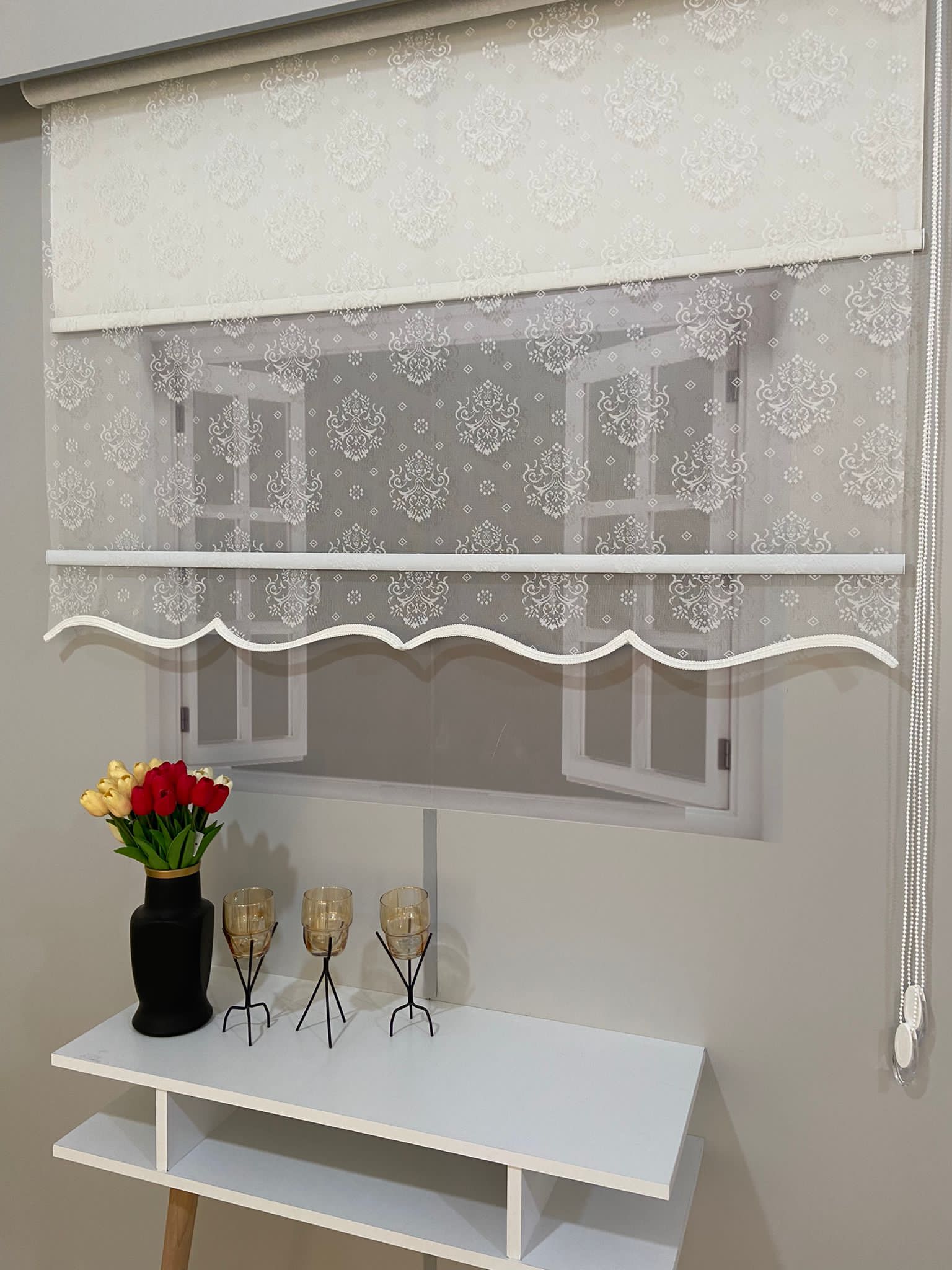 VP1901 Çift Mekanizmalı Tül ve Stor Perde Damaks Desenli Ekru