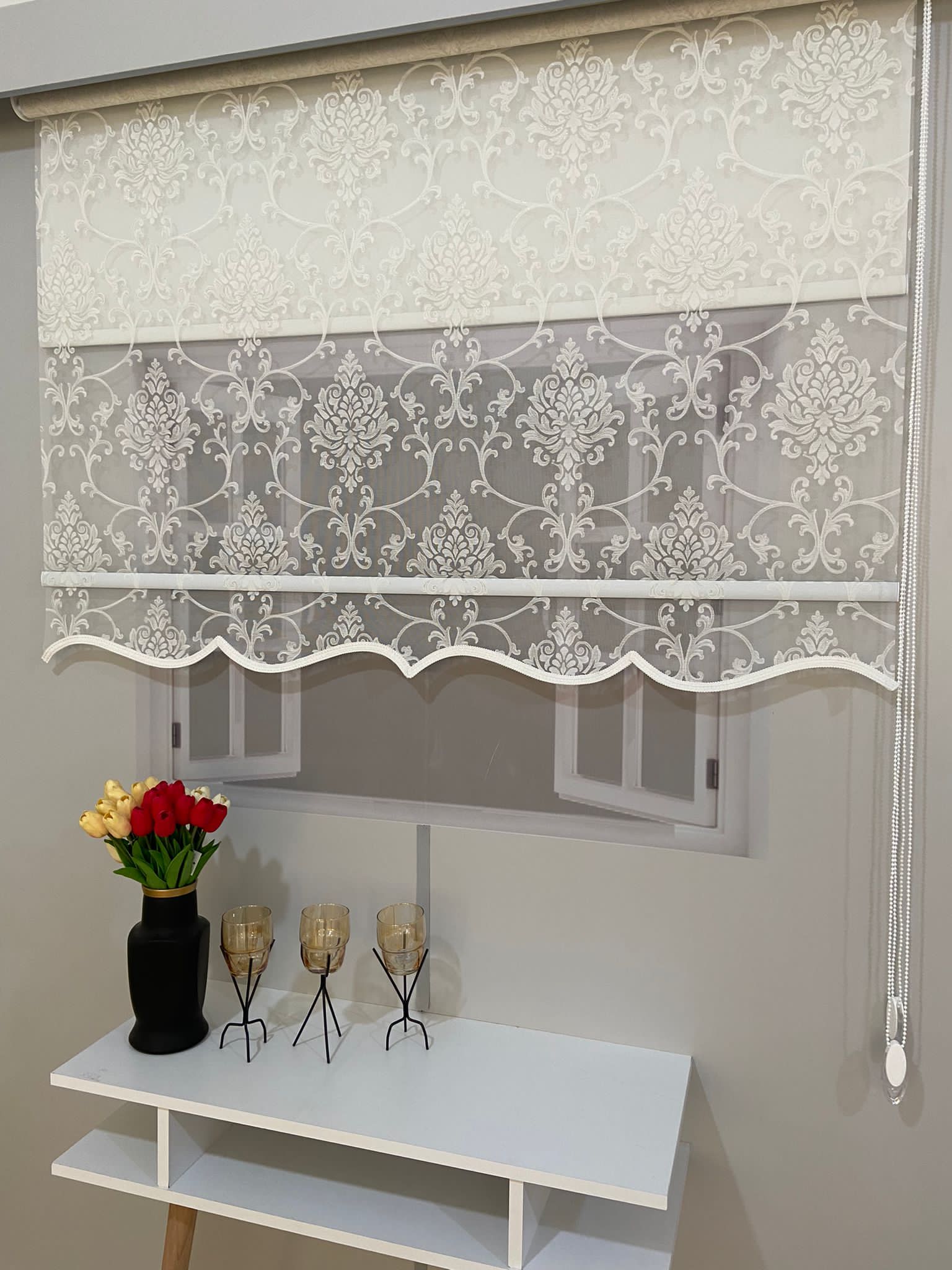 VP1620 Çift Mekanizmalı Tül ve Stor Perde Simli Damaks Desenli Ekru