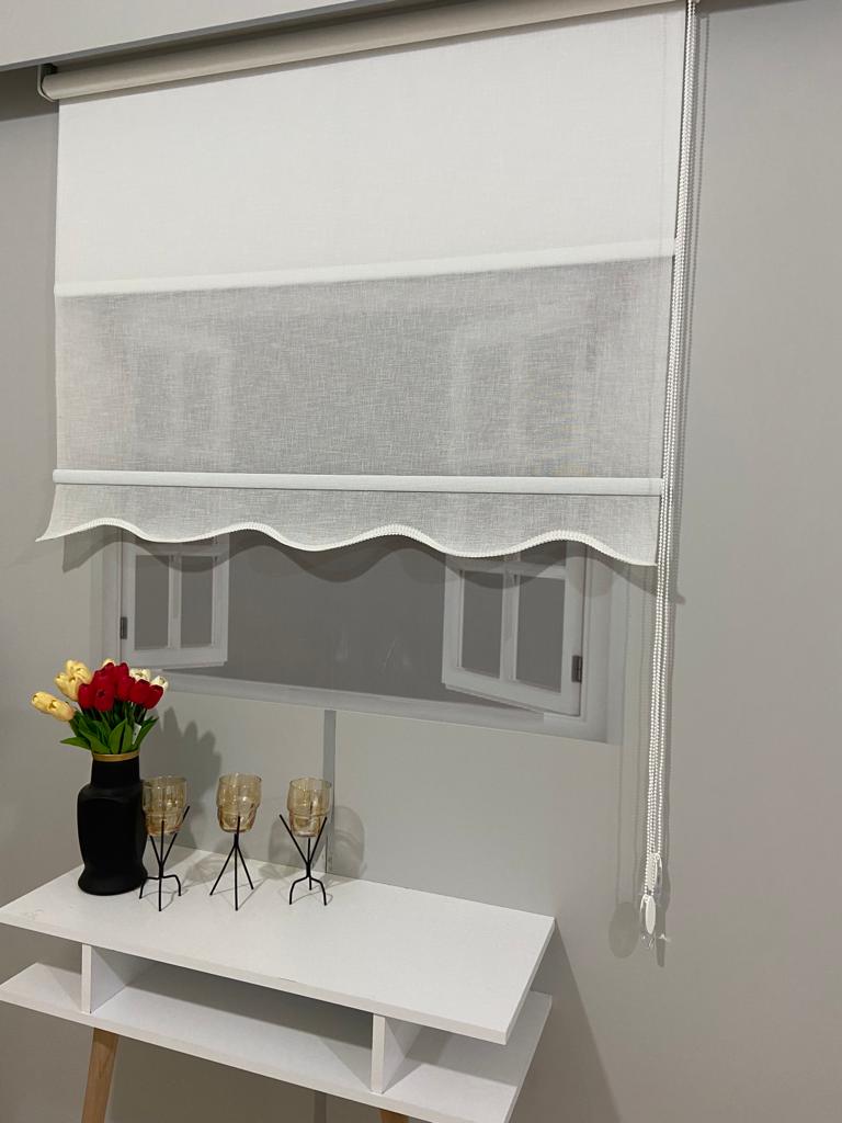 VP1660 Çift Mekanizmalı Tül Ve Stor Perde Beyaz Naturel Keten Etek Dilimli