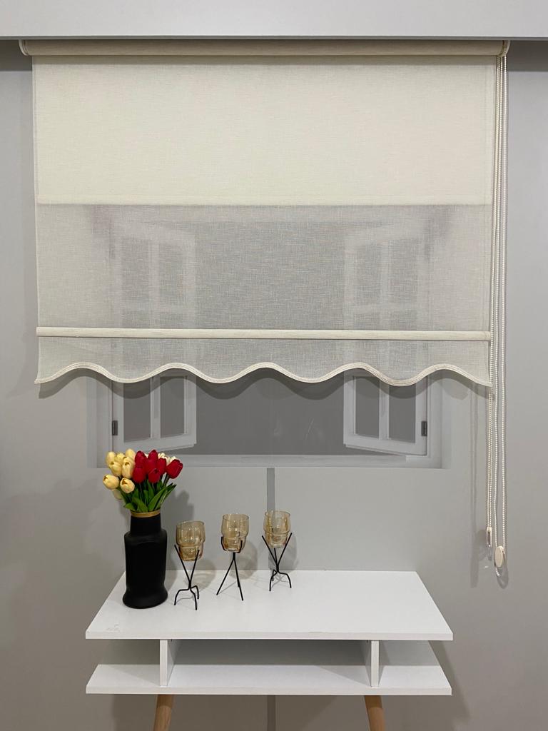 VP1661 Naturel Keten Çift Mekanizmalı Tül Ve Stor Perde Krem Etek Dilimli