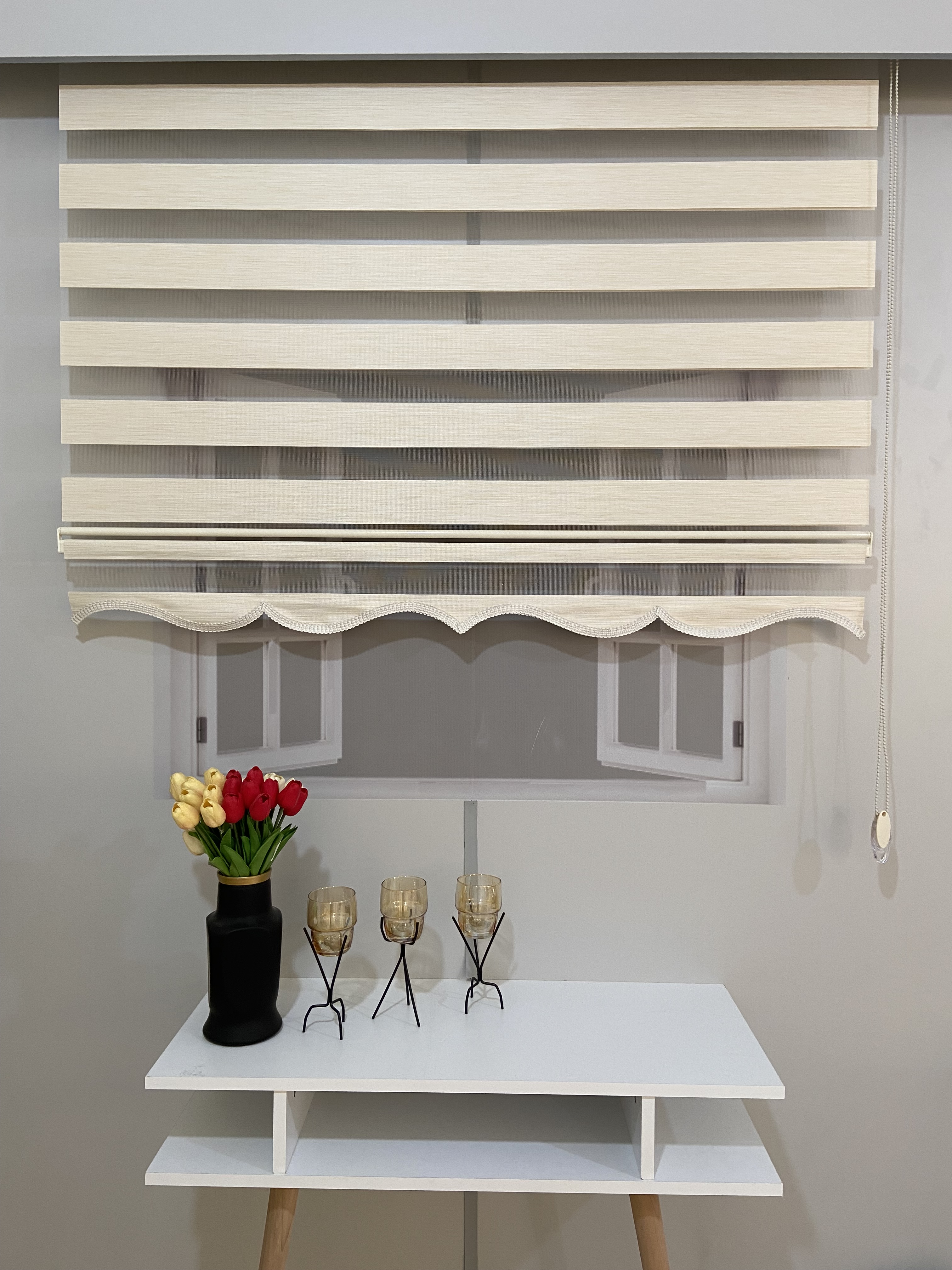 VP913 Bambu Düz Zebra Perde Krem Etek Dilimli