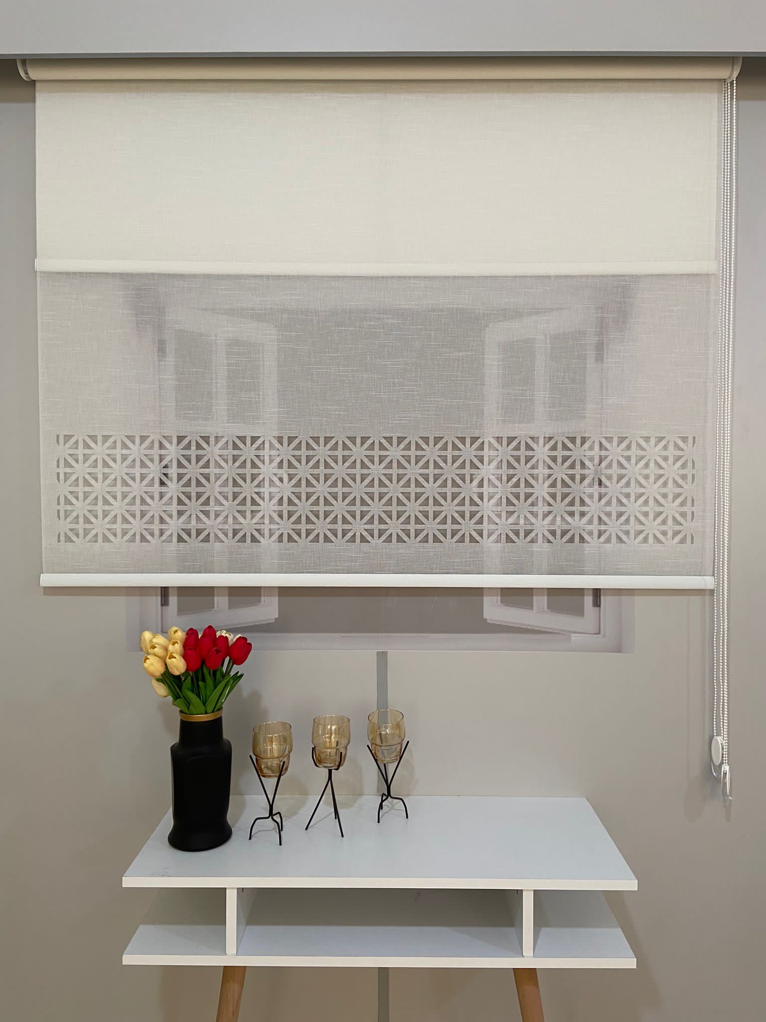 LZR1035 Çift Mekanizmalı Lazer Kesim Tül Ve Stor Perde Beyaz 