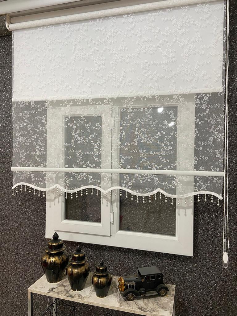 vp2001 kırık beyaz çiftli sitem  boncuklu  stor perde