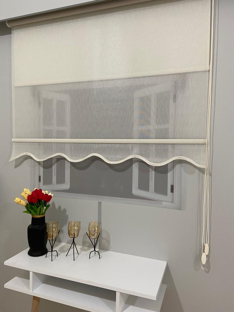 Vp1651 Pırıltı Desenli Çift Mekanizmalı Tül Ve Stor Perde Krem Etek Dilimli