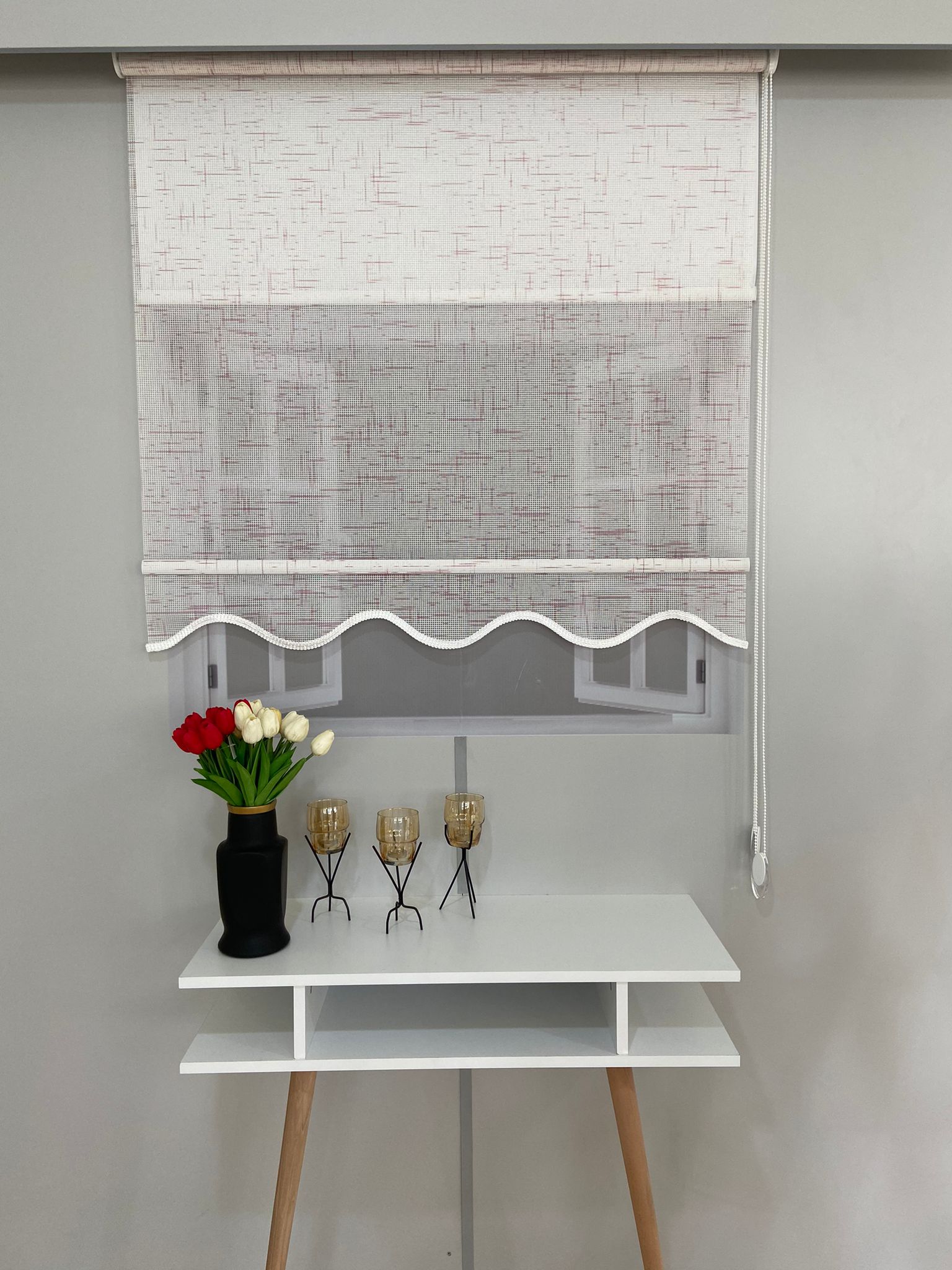 VP1315 Çift Mekanizmalı Renkli Degrade Tül Ve Stor Perde Beyaz Pembe