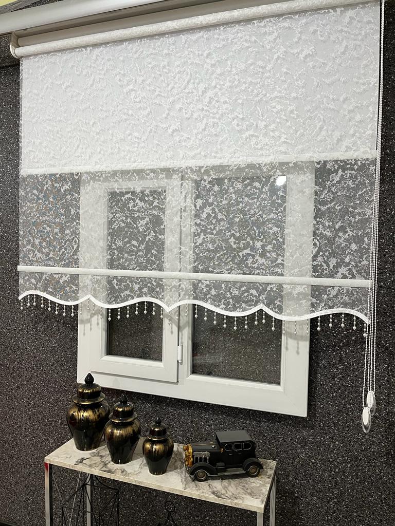 VP2010 bulut  desen çiftli sistem boncuklu stor perde