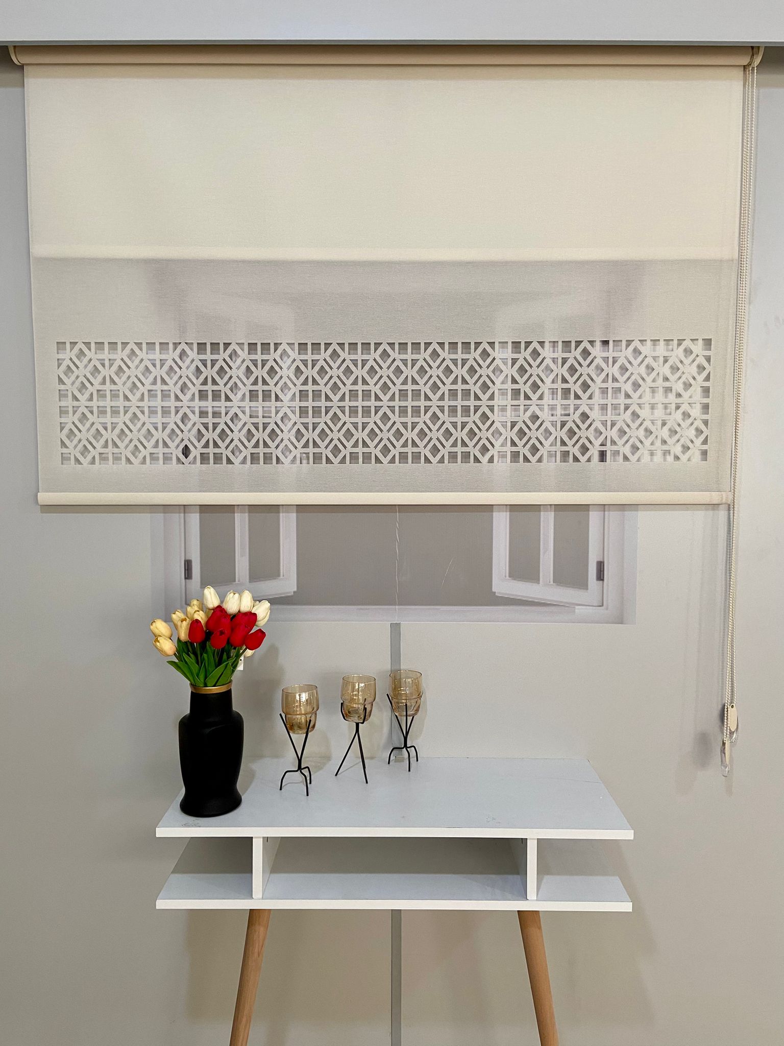 LZR1055 Çift Mekanizmalı Lazer Kesim Tül Ve Stor Perde Krem Ekru