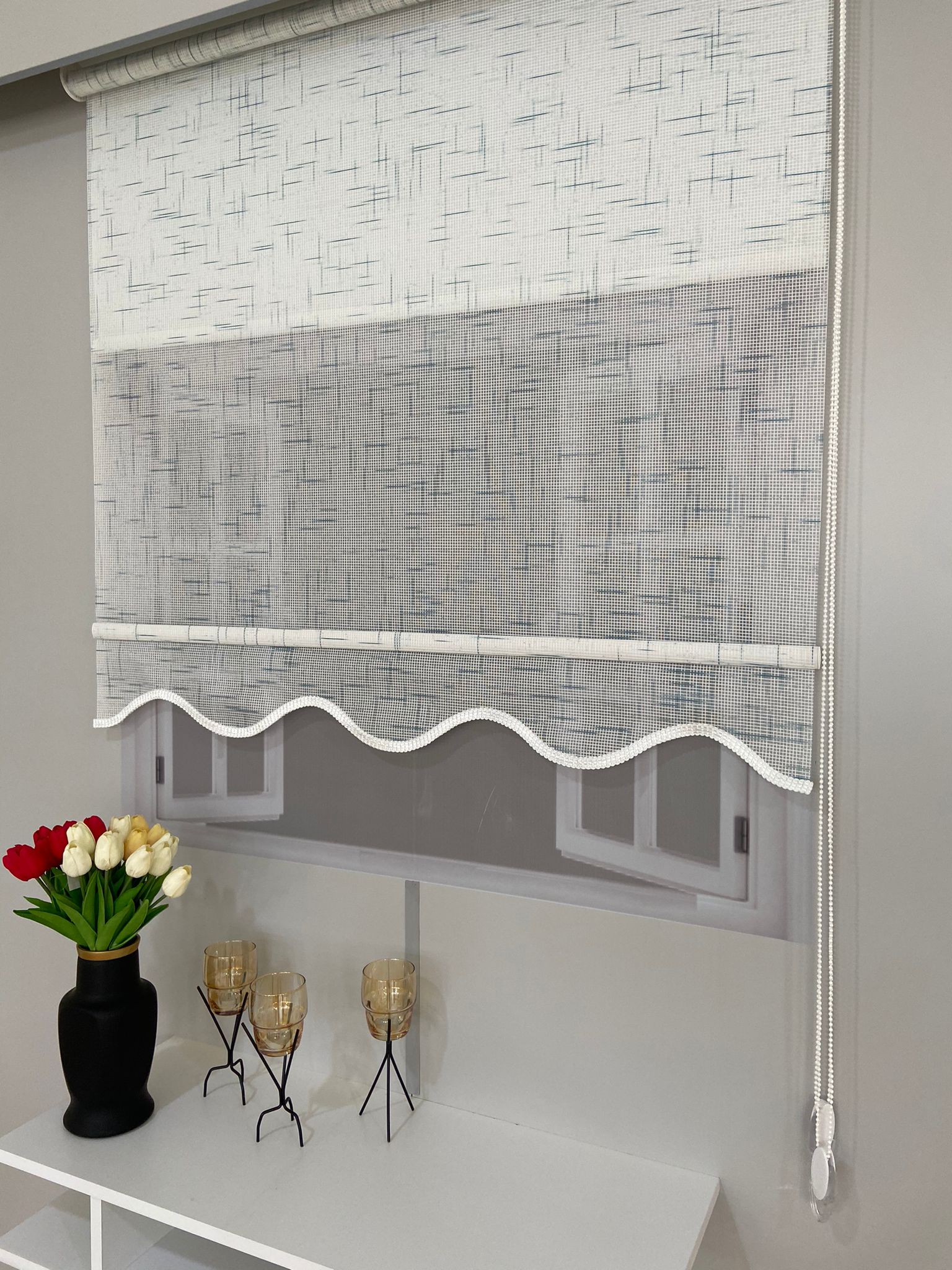 VP1300 Çift Mekanizmalı Renkli Degrade Tül Ve Stor Perde Beyaz Turkuaz Mavi