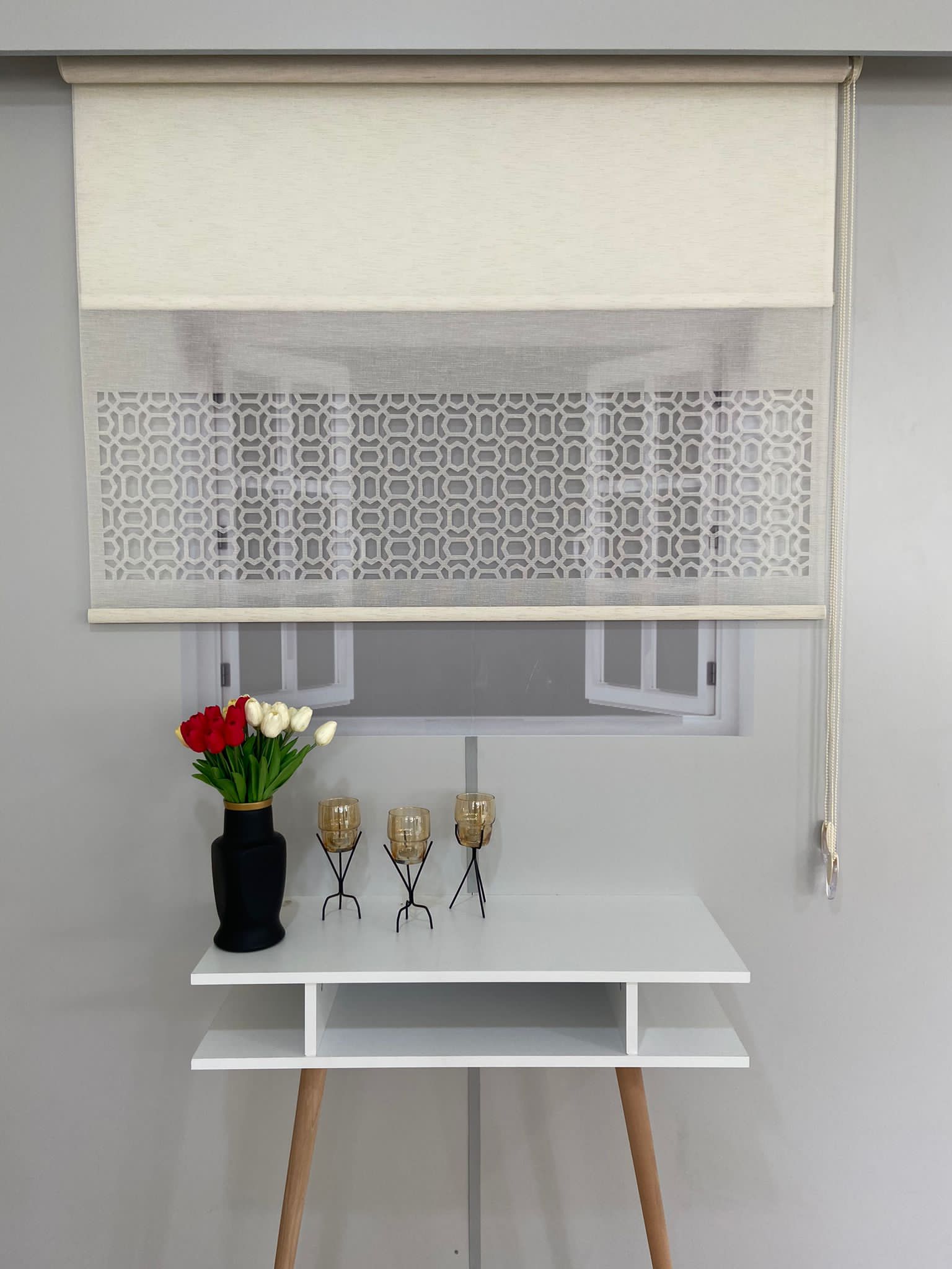 LZR1025 Çift Mekanizmalı Lazer Kesim Tül Ve Stor Perde Krem