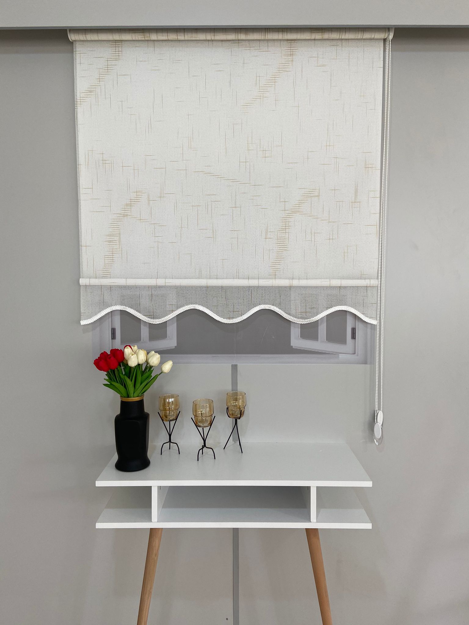 VP1305 Çift Mekanizmalı Renkli Degrade Tül Ve Stor Perde Beyaz Bej