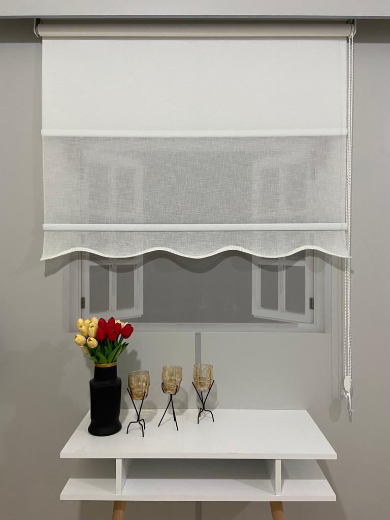 VP1660 Çift Mekanizmalı Tül Ve Stor Perde Beyaz Naturel Keten Etek Dilimli