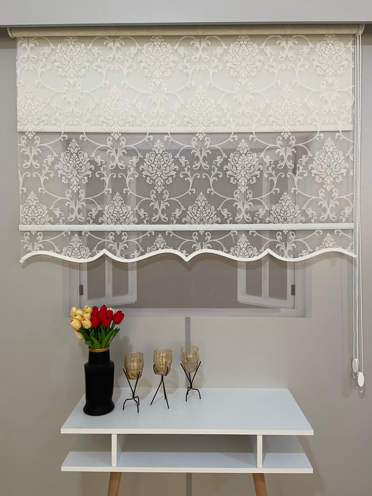 VP1620 Çift Mekanizmalı Tül ve Stor Perde Simli Damaks Desenli Ekru