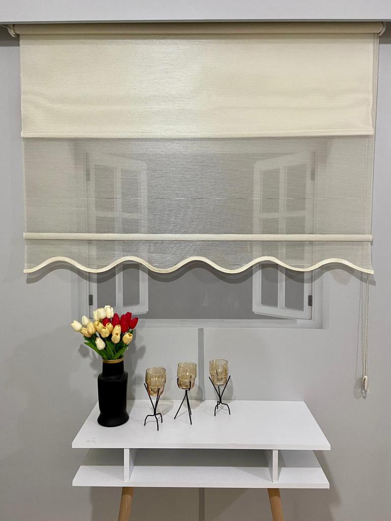 VP1605 Çizgili Çift Mekanizmalı Tül Ve Stor Perde Krem