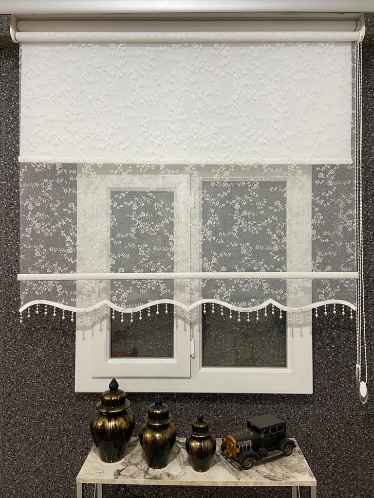 vp2001 kırık beyaz çiftli sitem  boncuklu  stor perde