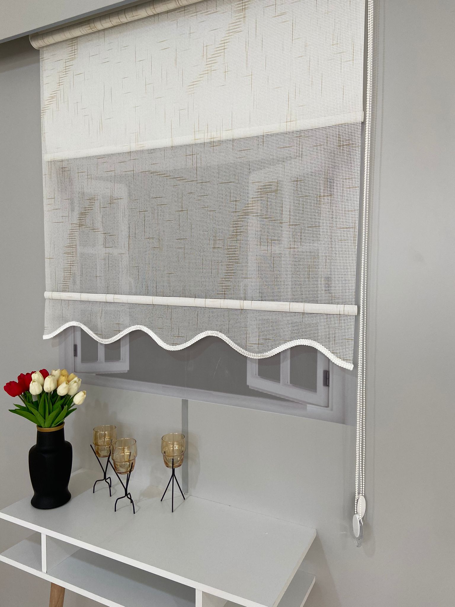 VP1305 Çift Mekanizmalı Renkli Degrade Tül Ve Stor Perde Beyaz Bej