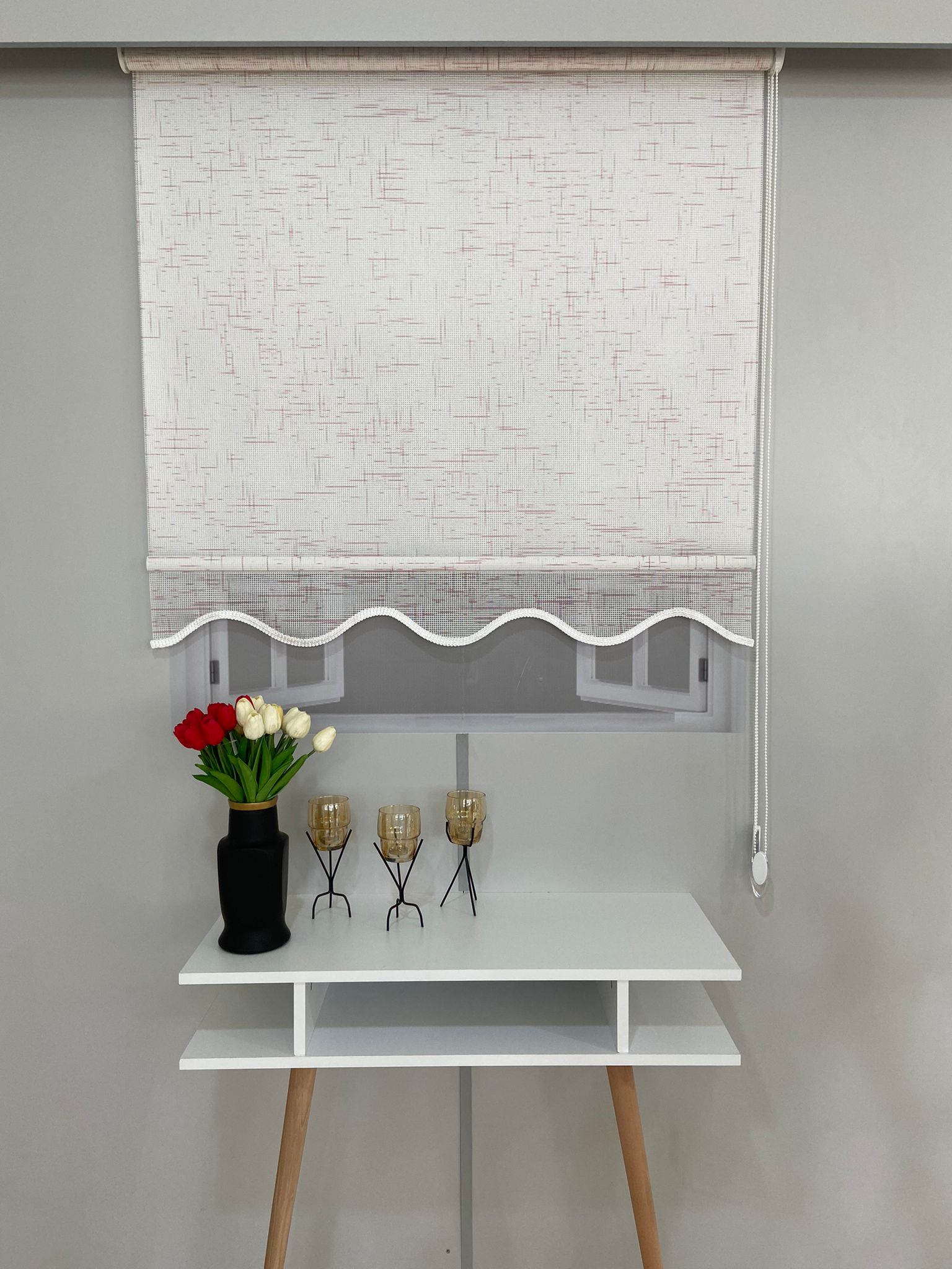 VP1315 Çift Mekanizmalı Renkli Degrade Tül Ve Stor Perde Beyaz Pembe