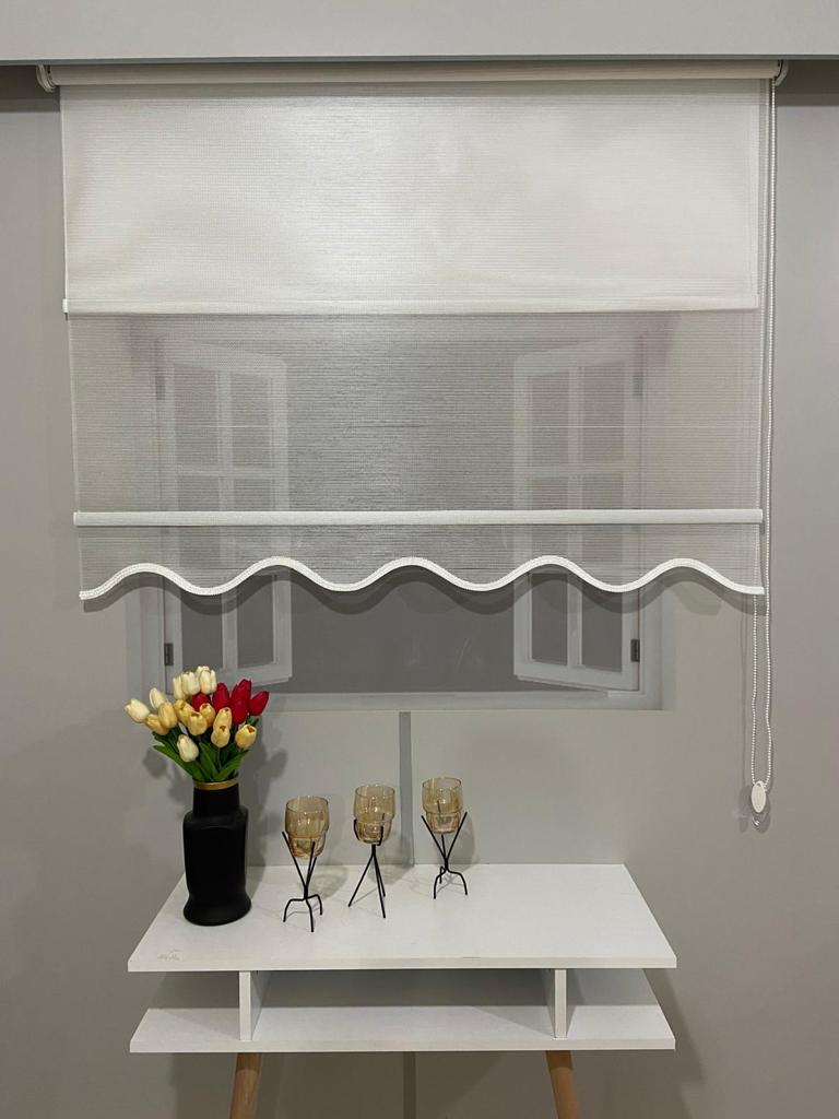 VP1600 Çizgili Çift Mekanizmalı Tül Ve Stor Perde Beyaz