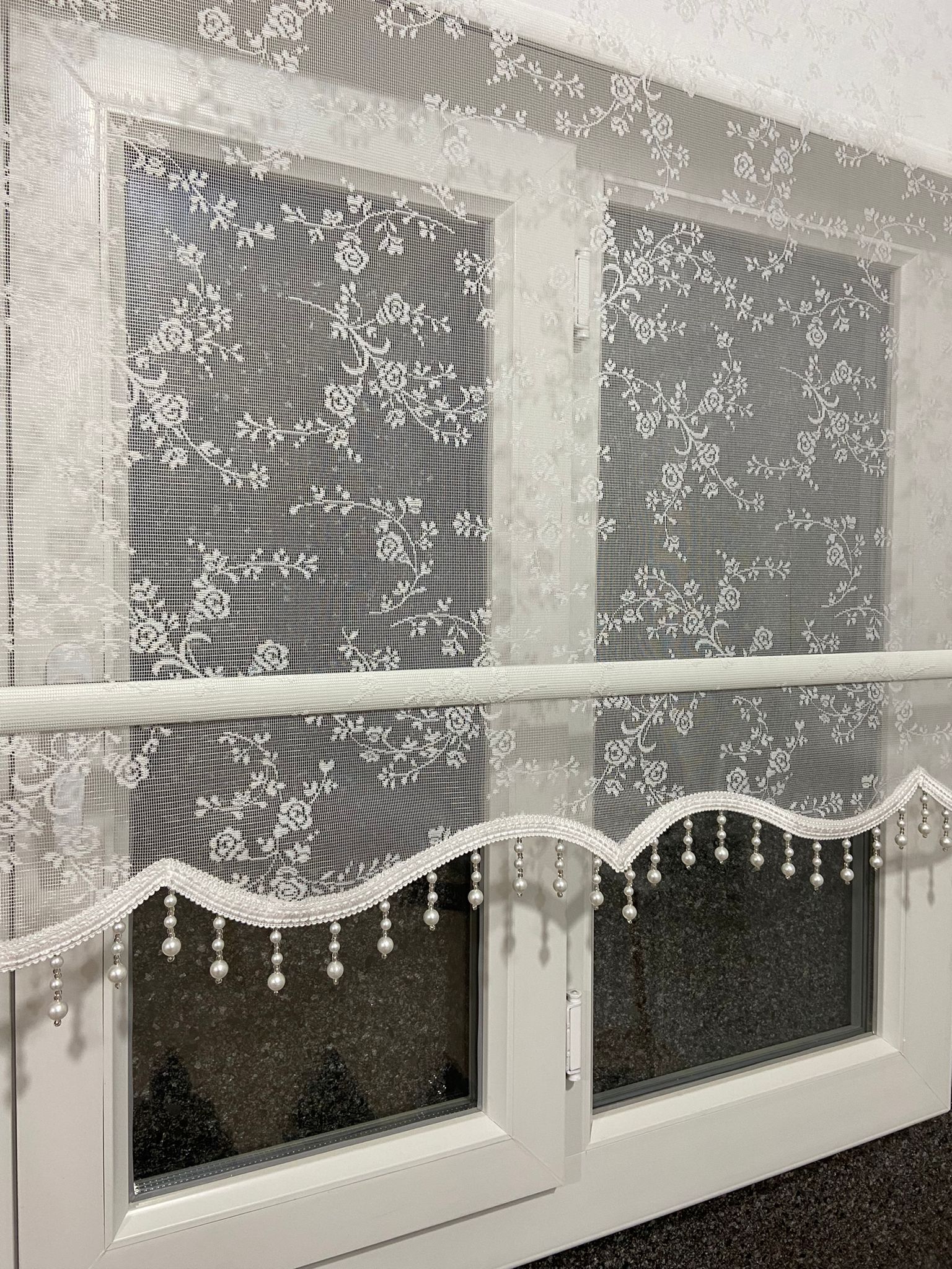 vp2001 kırık beyaz çiftli sitem  boncuklu  stor perde