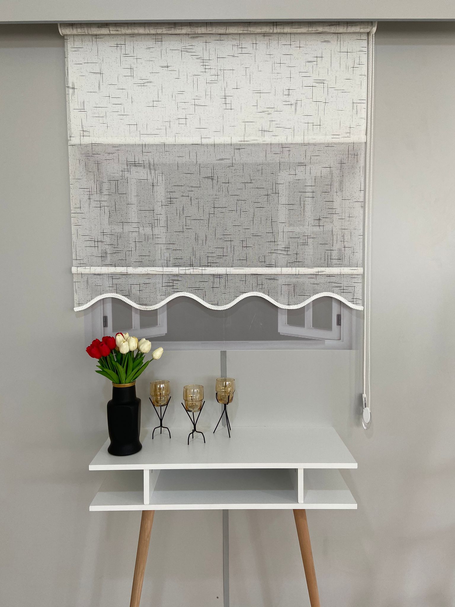 VP1320 Çift Mekanizmalı Renkli Degrade Tül Ve Stor Perde Beyaz Antrasit