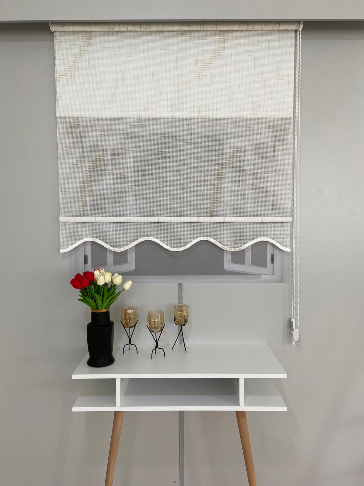 VP1305 Çift Mekanizmalı Renkli Degrade Tül Ve Stor Perde Beyaz Bej