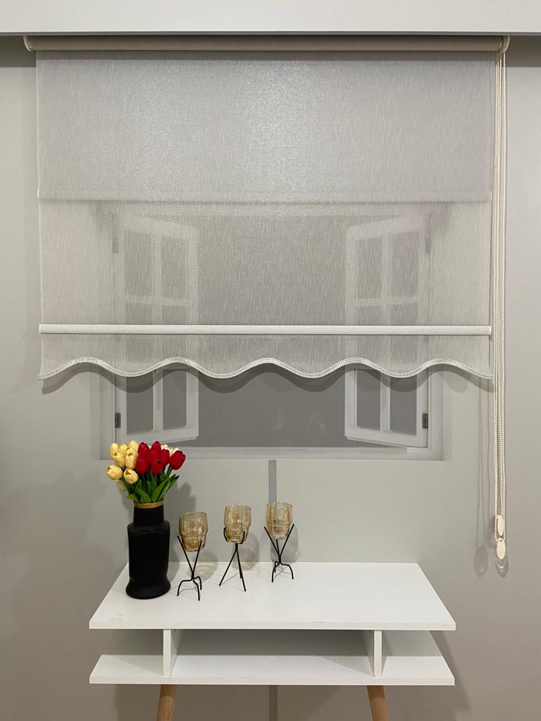 Vp1652 Pırıltı Desenli Çift Mekanizmalı Tül Ve Stor Perde Gri Etek Dilimli