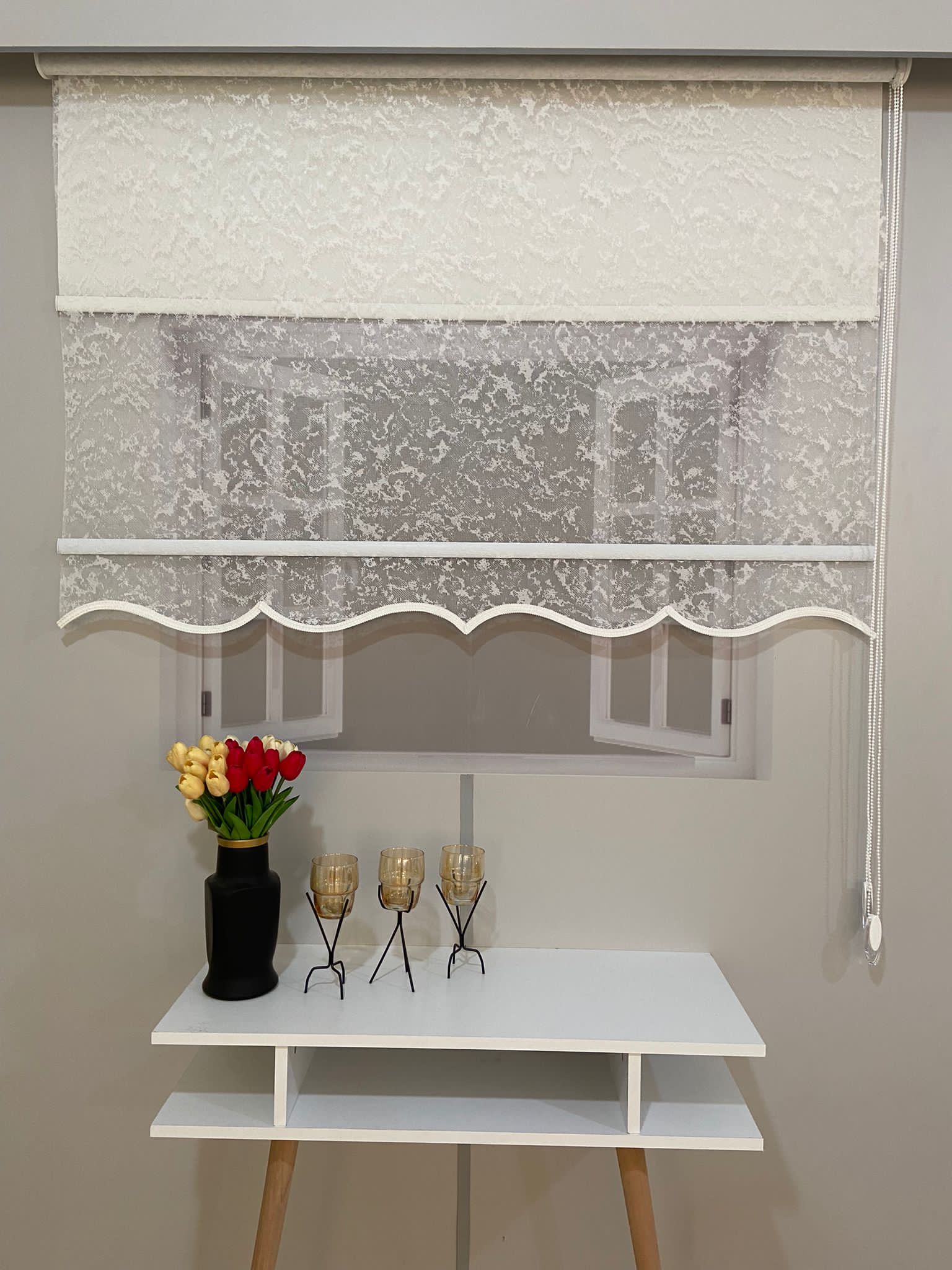 VP2010 Çift Mekanizmalı Tül ve Stor Perde Bulut Desenli Ekru