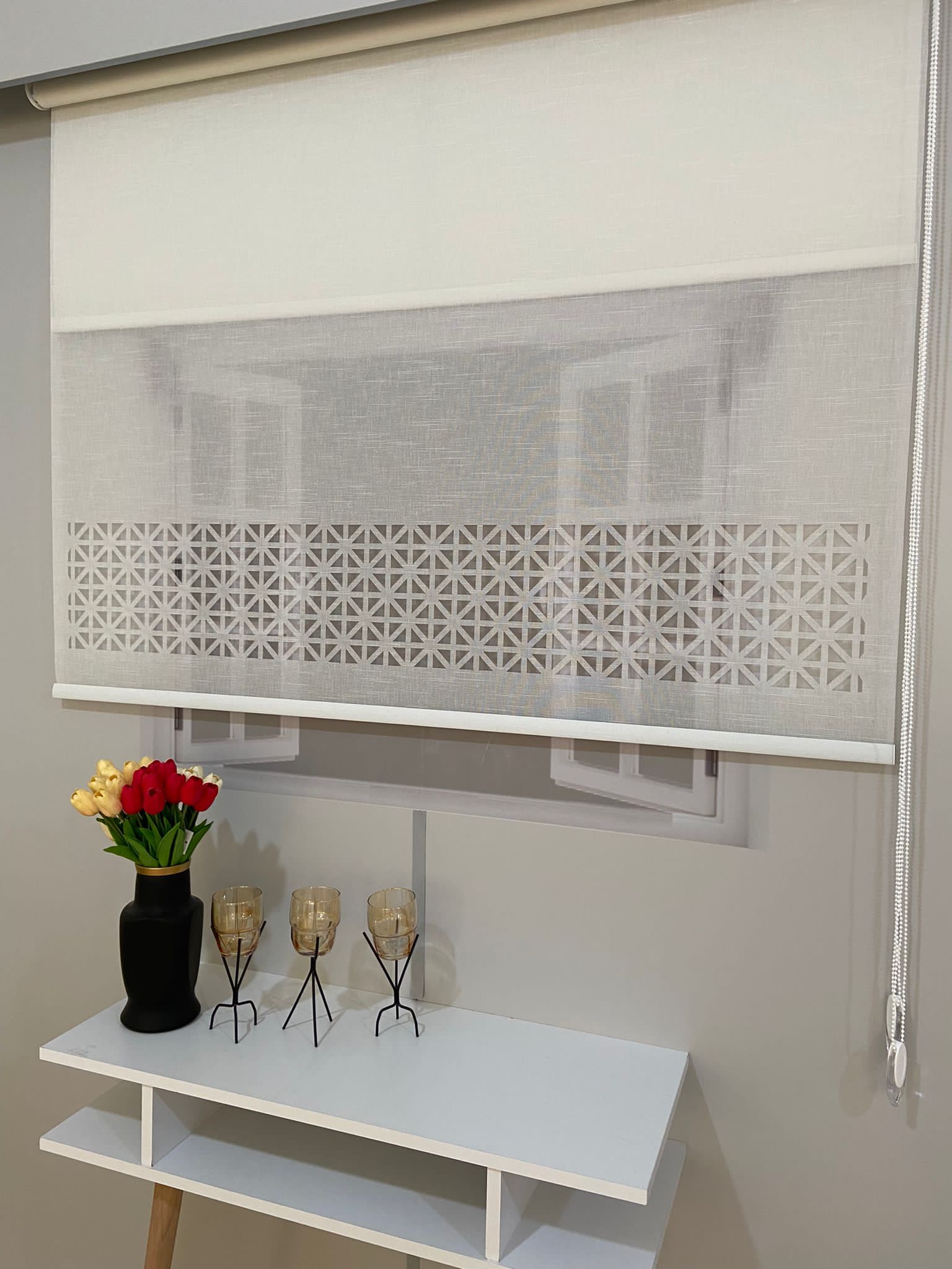 LZR1035 Çift Mekanizmalı Lazer Kesim Tül Ve Stor Perde Beyaz 